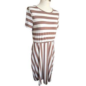 Striped Brown & White Dress Short Sleeve Casual By Levaca Size L JJ3946